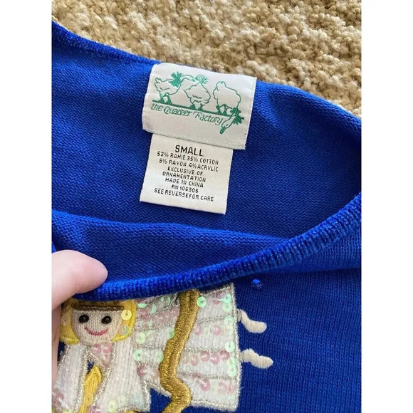 Womens Quacker Factory Christmas Angel Sequin Needlepoint Blue Shirt Small Vtg - Picture 3 of 6